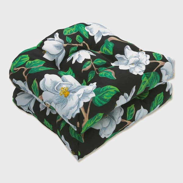 Pillow Perfect Floral 19 in. x 19 in. Outdoor Dining Chair Cushion in Black/White/Green (Set of 2)