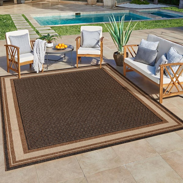 Ringley Tailer Chestnut Brown 8 ft. x 10 ft. Striped Border Indoor/Outdoor Area Rug