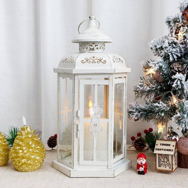 12 in. x 6 in. White Metal Vintage Lantern without Candle