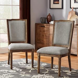 Brown Finish Grey Ornate Linen And Wood Dining Chairs (Set of 2)