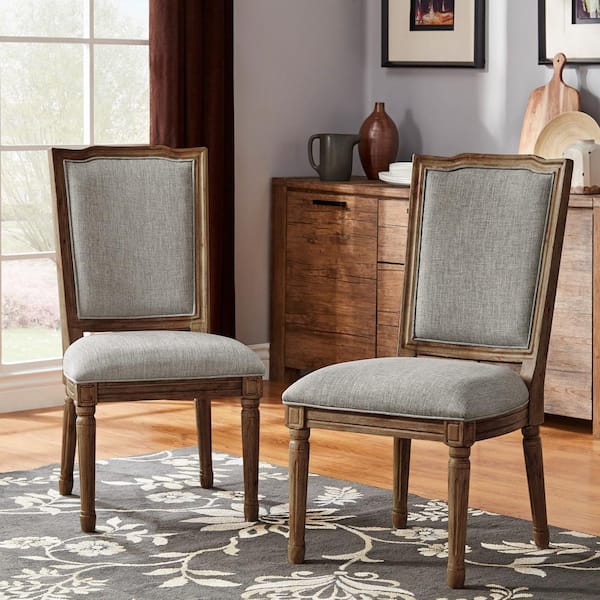 HomeSullivan Brown Finish Grey Ornate Linen And Wood Dining Chairs (Set of 2)