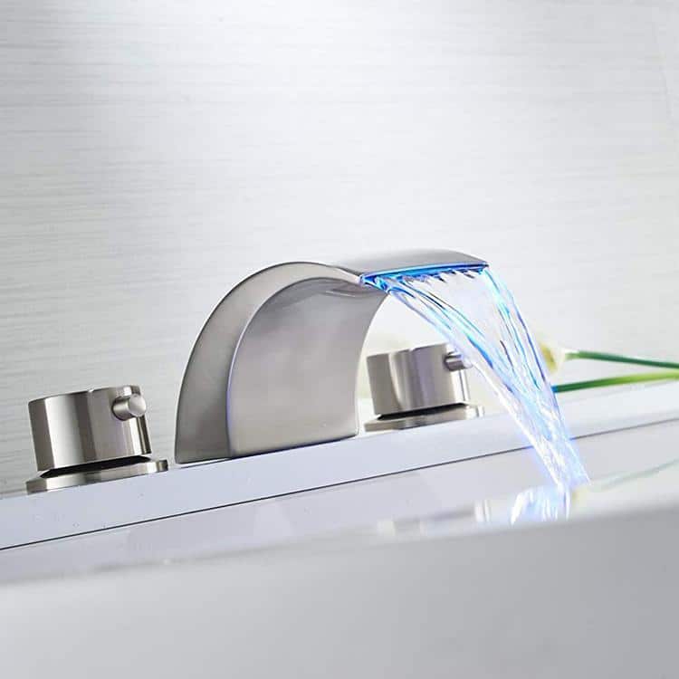 Brushed Nickel 8-Inch Widespread Waterfall Bathroom Faucet with LED Light