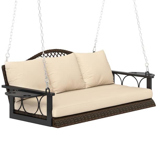 Outsunny 2-Person Brown Wicker Hanging Outdoor Porch Swing with Cup Holder, with Cushions and Chains