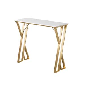 White 41.3 in. Wood and Metal Bar Table with Golden Double Pedestal and Adjustable Leg Pad