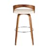 A walnut and cream faux leather bar stool with a curved back and chrome footrest.