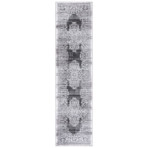 SAFAVIEH Amelia Charcoal/Grey 2 ft. x 8 ft. Distressed Floral Border Runner Rug