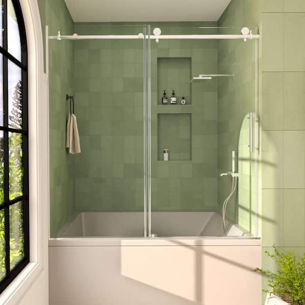 Hermitage Bath Brewo 60 in. W x 60 in. H Sliding Semi Frameless Tub Door in Silver Finish with Clear Glass