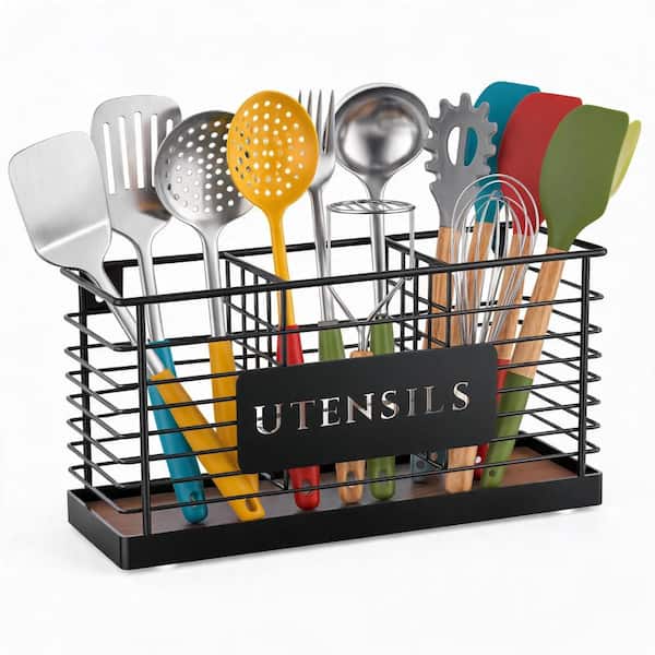 Wood Base Metal 3-Compartment Utensil Holder for Kitchen Countertop Large Black Cooking Tool Organizer