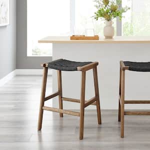 Saorise 26 in. Walnut Black Backless Wood Bar Stool Counter Stool with Woven Rope 2 (Set of Included)