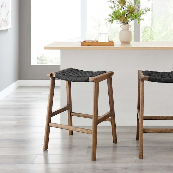 MODWAY Saorise 26 in. Walnut Black Backless Wood Bar Stool Counter Stool with Woven Rope 2 (Set of Included)