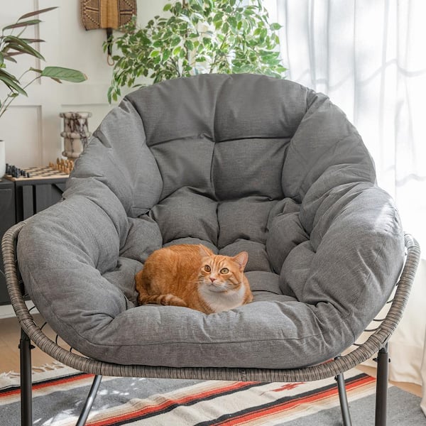 Oversized Rattan Wicker Indoor Outdoor Rocking Chair with Grey Cushion