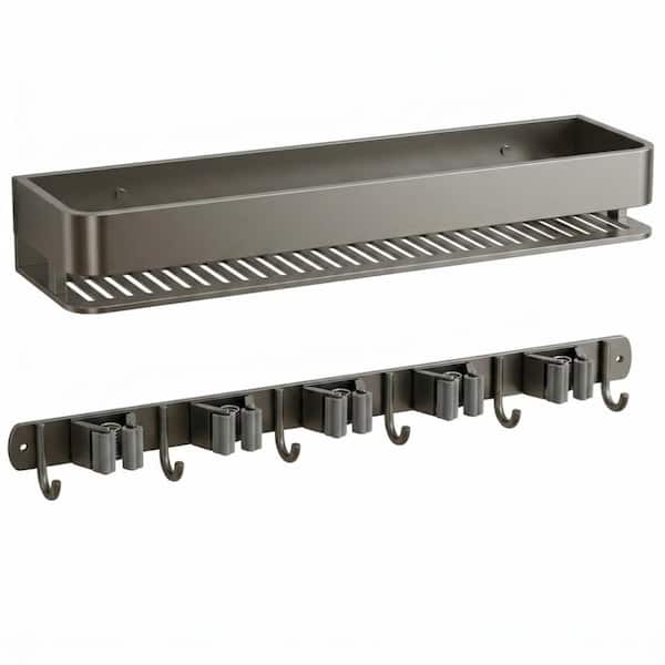 Black Aluminum Broom Holder Wall Mount Organizer with Heavy-Duty Hooks and Sturdy Shelf