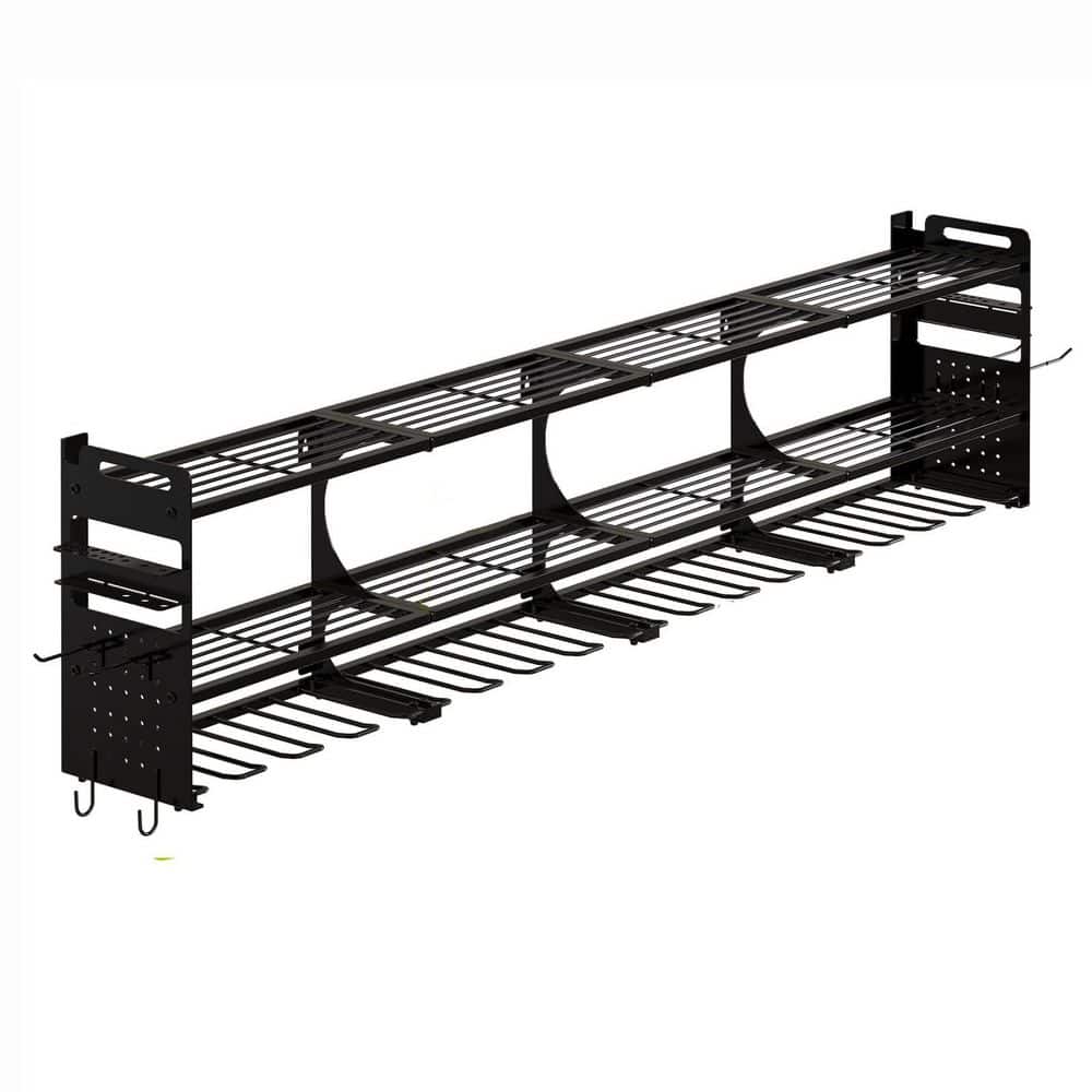 64 in. Black Steel 3-Tier Power Tool Organizer Wall Rack with Pegboard Sides and Hooks for Garage Workshop price history on PriceWatchPro