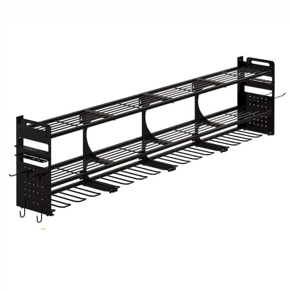 66.9 in. Black Steel 3-Tier Power Tool Organizer Wall Rack with Pegboard Sides and Hooks for Garage Workshop