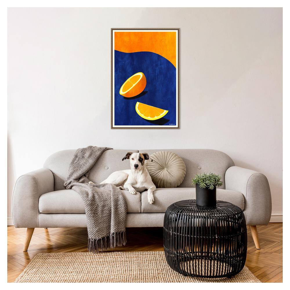 Large Orange and Blue Abstract Citrus Canvas Art with Beaded Frame