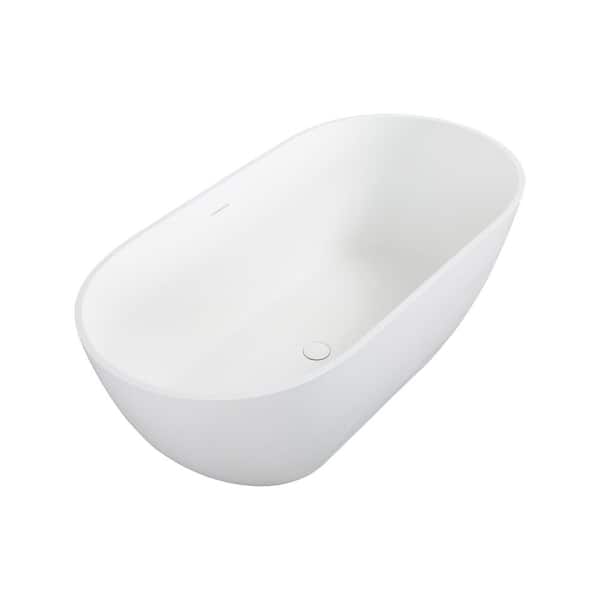 59.00 in. x 29.53 in. Flat Bottom Engineered Stone Resin Freestanding Soaking Bathtub with Center Drain in Matte White