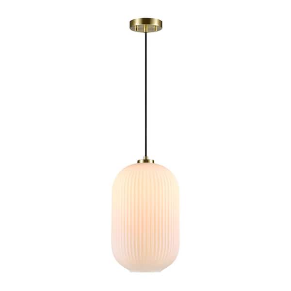 Globe Electric 1-Light 60 Watt Matte Brass Pendant Light with Ribbed Opal Glass Shade