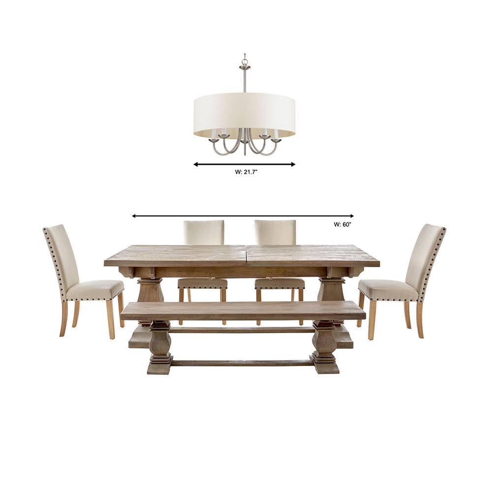 Brushed Nickel Drum Shade 5-Light Pendant with White Linen