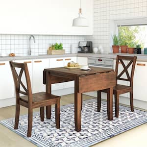 Brown 3-Piece Wood Drop Leaf Breakfast Nook Dining Table Set with 2 x Back Chairs