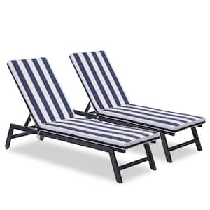 Aluminum Outdoor Lounge Chair with and 5-Position Adjustable Recliner in Blue and White Stripes Cushions (Set of 2)