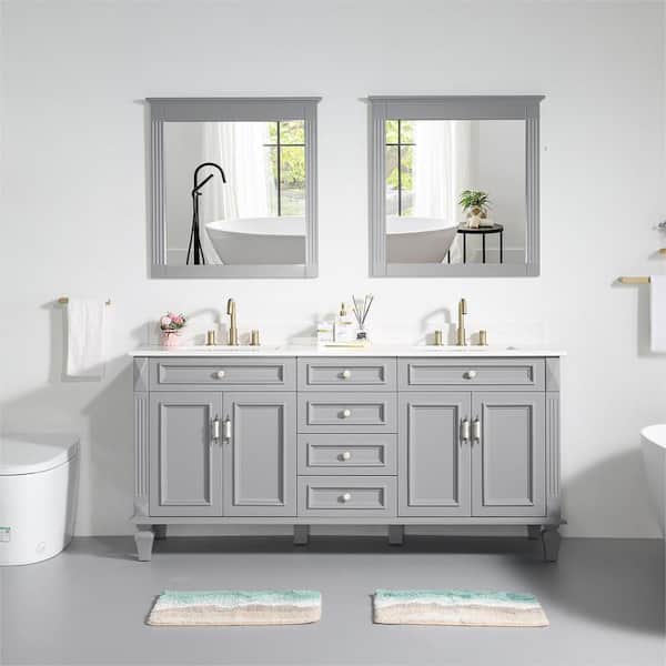 ANGELES HOME 72 in. W x 22 in. D x 35 in. H Double Sink Bath Vanity in Gray w/Stain-Resistant Quartz Top, Soft-Close Drawer, 2-Mirror