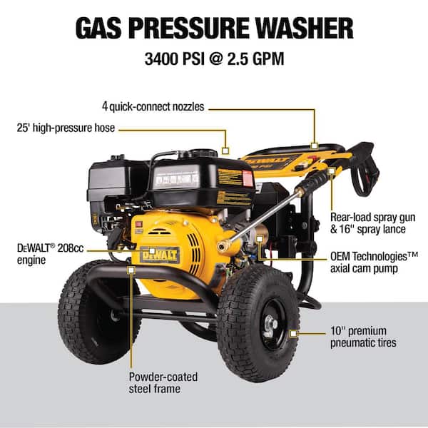 3400 PSI 2.5 GPM Cold Water Gas Pressure Washer with Electric Start DeWalt 208cc Engine