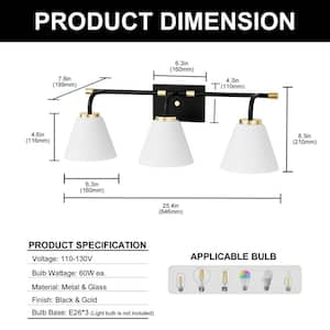 25 in. 3-Light Black Vanity Light with Cone White Frosted Glass Shades for Bathroom, Mirror, Living Room