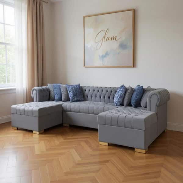 136.00 in. Square Arm 3 piece Velvet U-Shaped Sectional Sofa in. Gray