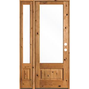 50 in. x 96 in. Farmhouse Knotty Alder Left-Hand/Inswing 3/4 Lite Clear Glass Clear Stain Wood Prehung Front Door w/LSL