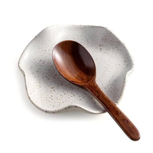 5.3 in. Ceramic Floral Ruffled Edge Heat-Resistant Dishwasher Safe Kitchen Spoon Rest for Countertop Stove Top in Beige