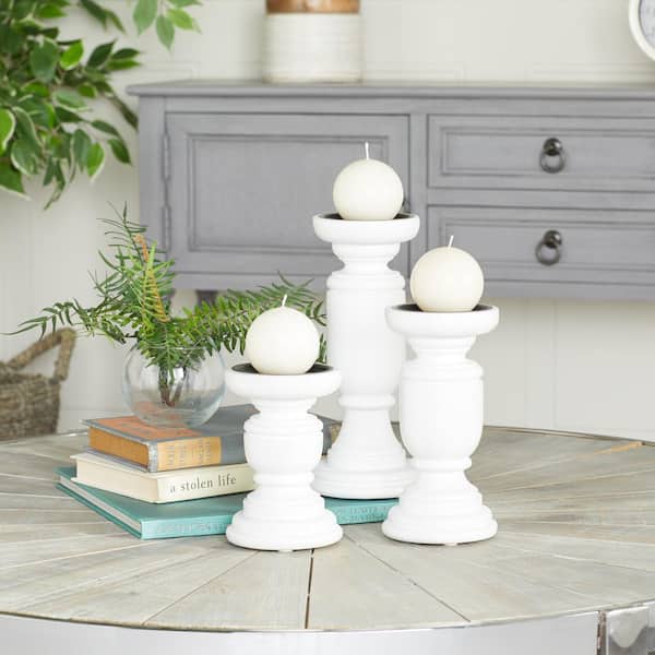 White Mango Wood Turned Style Pillar Candle Holder (Set of 3)