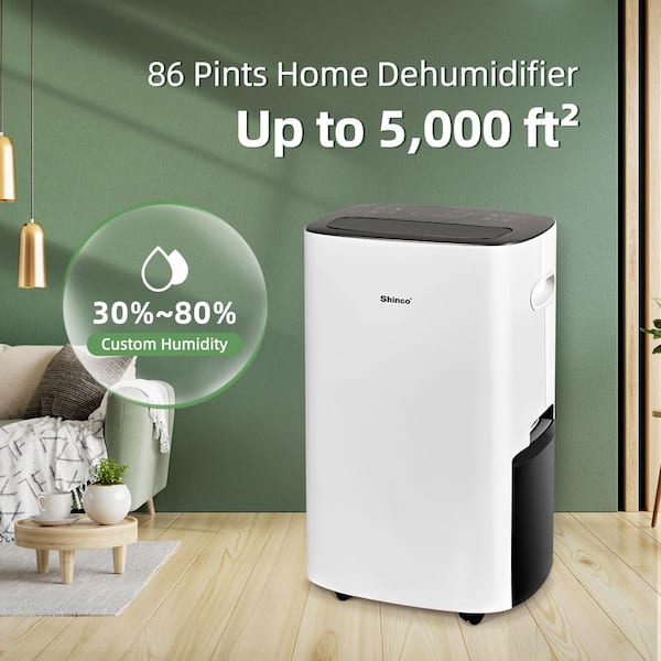 85 pt. 5,000 sq.ft. Portable Dehumidifier in White, with Auto Defrost, Variable Speeds, Continuous Run, 24H Timer