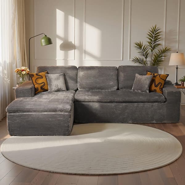 POPO 105 in. Wide Arm 2-Piece Modern Gray Corduroy L-Shape Modular Sectional Sofa in Gray with Left Chaise