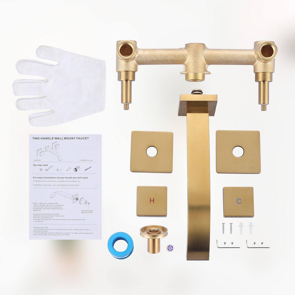 Brushed Gold Double Handle Wall Mounted Bathroom Faucet