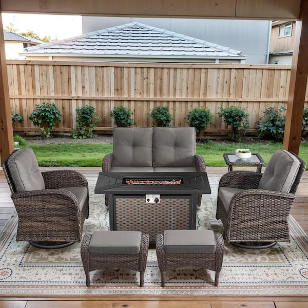 Brown 7-Piece Wicker Patio Fire Pit Set, Outdoor Glider Seating Set with Olefin Gray Cushions and Swivel Rockers