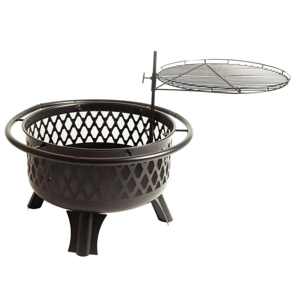 Black Steel Round Wood Burning Fire Pit with Mesh Screen