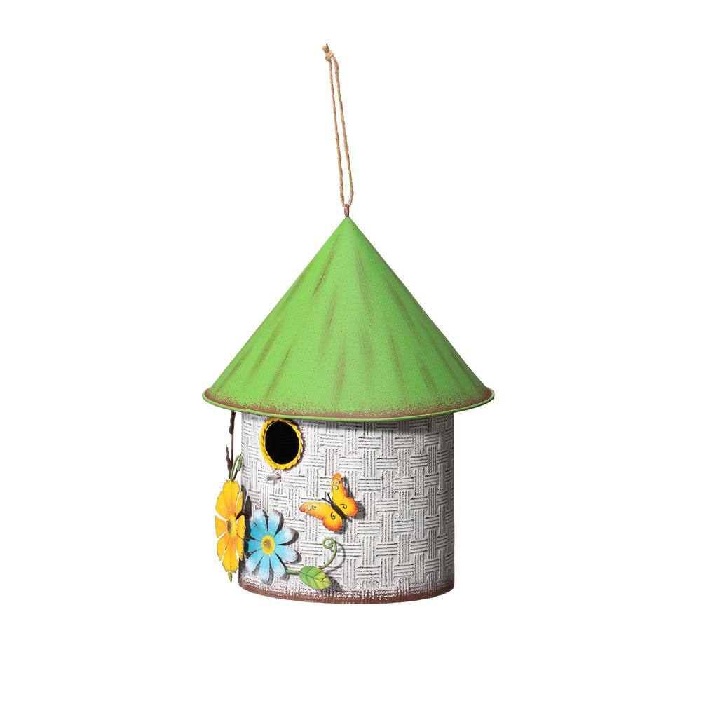 Glitzhome 11 in.H Stylish Distressed Metal Cottage Garden Birdhouse with a Cluster of 3D Flowers
