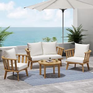 Solano Teak Brown 4-Piece Wood Patio Conversation Set with White Cushions and Round Coffee Table
