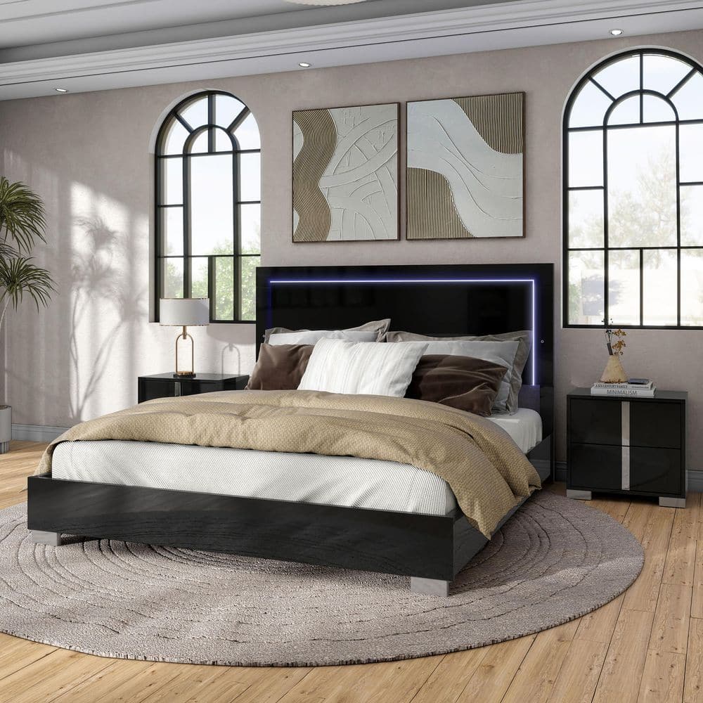Mesala 3-Piece Piano Black Wood Frame Queen Panel Bedroom Set with LED Light on Headboard, Chrome Accents and Legs price history on PriceWatchPro