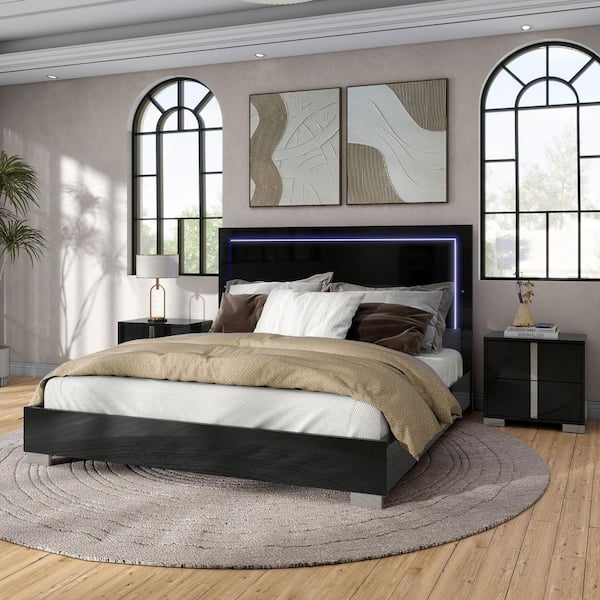 Furniture of America Mesala 3-Piece Piano Black Wood Frame Queen Panel Bedroom Set with LED Light on Headboard, Chrome Accents and Legs