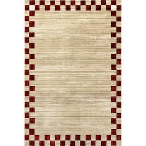 Arvin Olano Pompeii Checked Border Area Rug Red Doormat 3 ft. 3 in. x 5 ft. Accent Rug