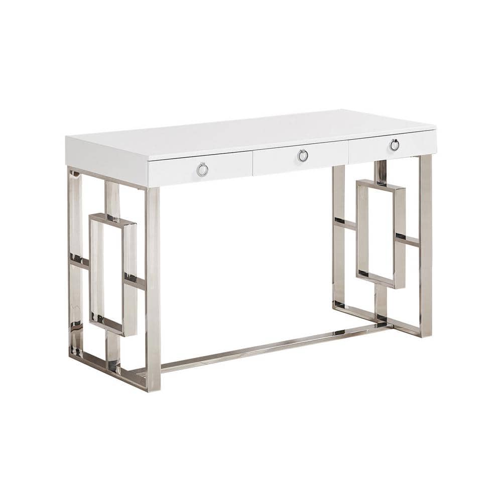 Luxe White High Gloss 47" Writing Desk with Stainless Steel Frame & Drawers