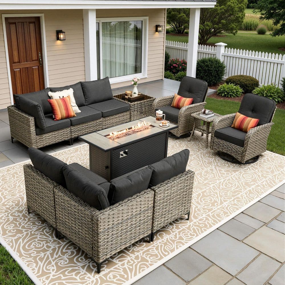 Reno 11-Piece Wicker Outdoor Patio Fire Pit Conversation Sectional Sofa Set with Swivel Chairs and Black Cushions price history on PriceWatchPro