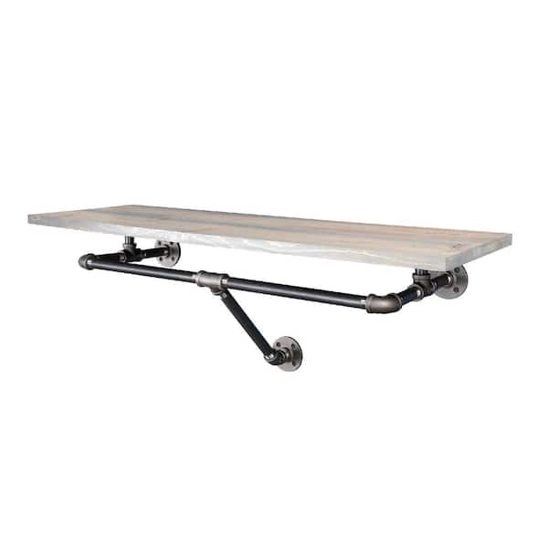 36 in. x 12 in. 18 in. Riverstone Grey Solid Wood Decorative Industrial Wall Shelf With Hanging Rod