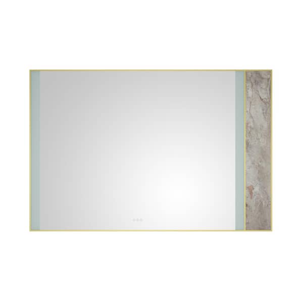 ANGELES HOME 72 in. W x 48 in. H Large Rectangular Stainless Steel Framed Stone Dimmable Wall Bathroom Vanity Mirror in Gold Frame