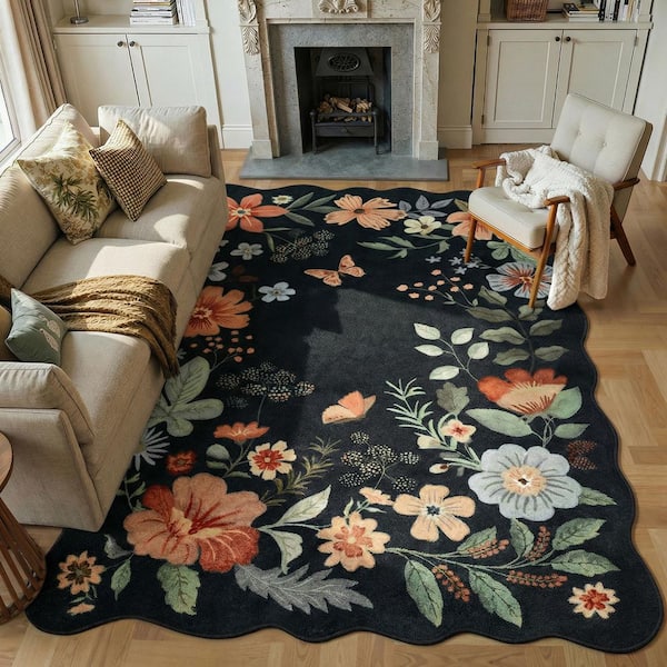 Washable Farmhouse Floral Print Wave-Shape Dark Blue 8 ft. x 10 ft. Living Room Bedroom Area Rug