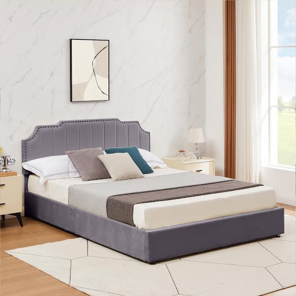 VECELO Bed Frame Gray Metal Frame Full Platform Bed with 4 Storage Drawers and Upholstered Headboard