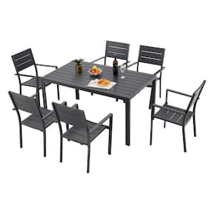 Bara Metal Rectangle Patio Table Set Outdoor Dining Chair Lounge Chair Recliner in Navy Set of 7