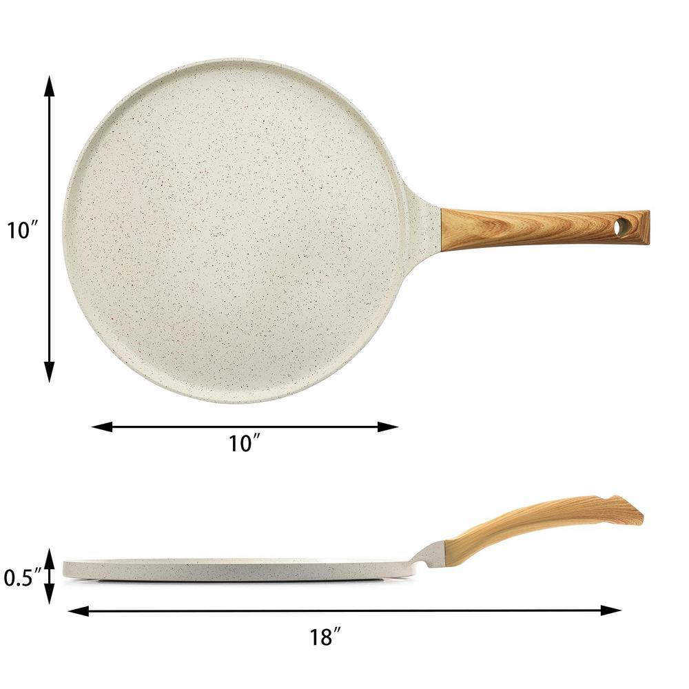 10-Inch White Ceramic Nonstick Crepe Pan with Wooden Handle and Spreader