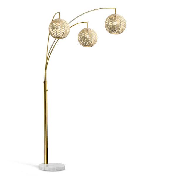 HomeGlam Kyoto 83 in. Brushed Brass 3-Lights Arc Tree Floor Lamp with Rattan Shades